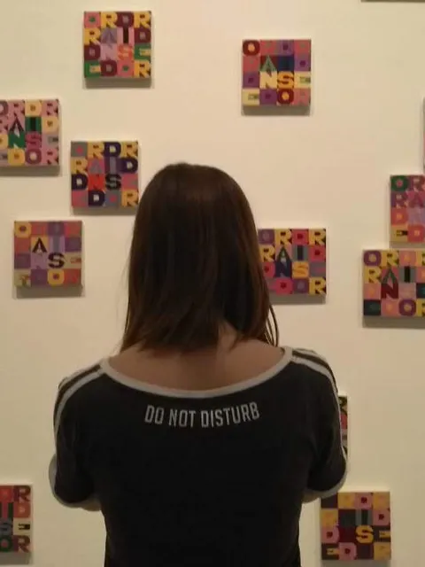 Me in front of a wall of small lettered canvases; a Joan Miró tapestry; a Make Art Not War painting